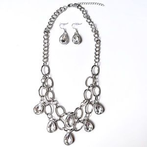 Heavy Fashion Jewelry Silver Diamond Tear Drop Necklace +Matching Earrings NWOT